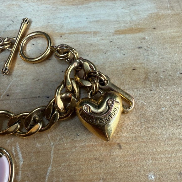 Juicy Couture Gold Toggle Bracelet with Pink Gemini Heart Charms - Picture 2 of 5